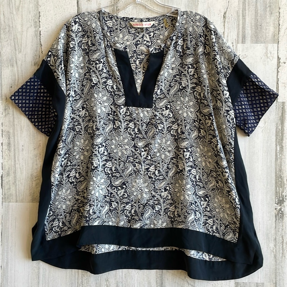 Rebecca Taylor top silk SZ 0 peasant flowy multi pattern floral classy chic EUC